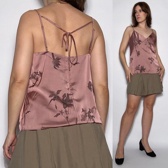 CLUB MONACO Mauve Blush Pink Satin Tank with FLORAL Jacquard Brocade Print Large - Picture 1 of 8
